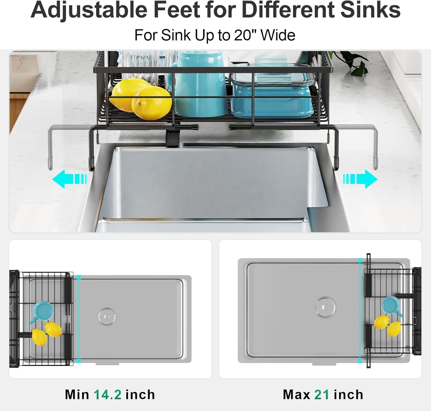 Expandable Dish Drying Rack - Anti-Rust 2-in-1 Dish Racks for Kitchen Counter and Sink, Compact Dish Drainer with Pan Slot, Dish Rack with High Raised Edges for RV and Apartment, Black