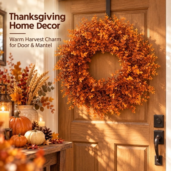 Fall Eucalyptus Wreath for Front Door - 15.75in Artificial Autumn Orange Leaves Wreath for Thanksgiving, Harvest, Farmhouse, Wall, Indoor & Outdoor, Ccwuwei