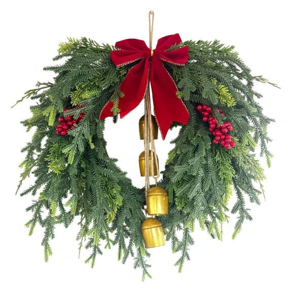 Tanglewen 20 inch Norfolk Pine Wreath with Bow and Bell,Christmas Wreaths for Front Door,Artificial Real Touch Wreath for Door Wall Windows Mantle Outdoor Christmas Decoration(B)