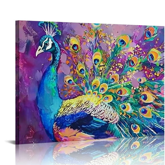 ONETECH Purple Peacock Canvas Wall Art Proud Peacock Pictures Wall Decor Abstract Bird  Prints Framed Artwork Decor for Living Dining Room Bedroom Bathroom
