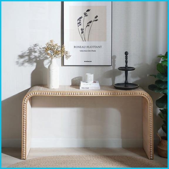 Space-Saving Curved Coffee Table with Beaded Edges, Natural Wood Finish for Entryway & Living Room