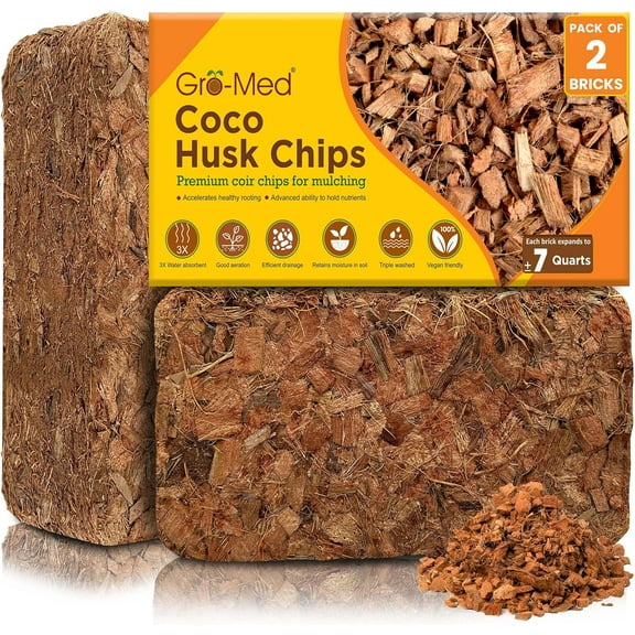 Gro-Med Coconut Coir Husk Chips, Organic Mulching Medium for Orchid Potting Soil, 2 Bricks (500g Each)