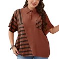 thumbnail image 1 of Camisa de manga corta para mujer, jersey con bloques de Color a rayas y cuello vuelto con botones 1/4, camiseta holgada para mujer, Top para verano, marrón claro XXL, 1 of 6