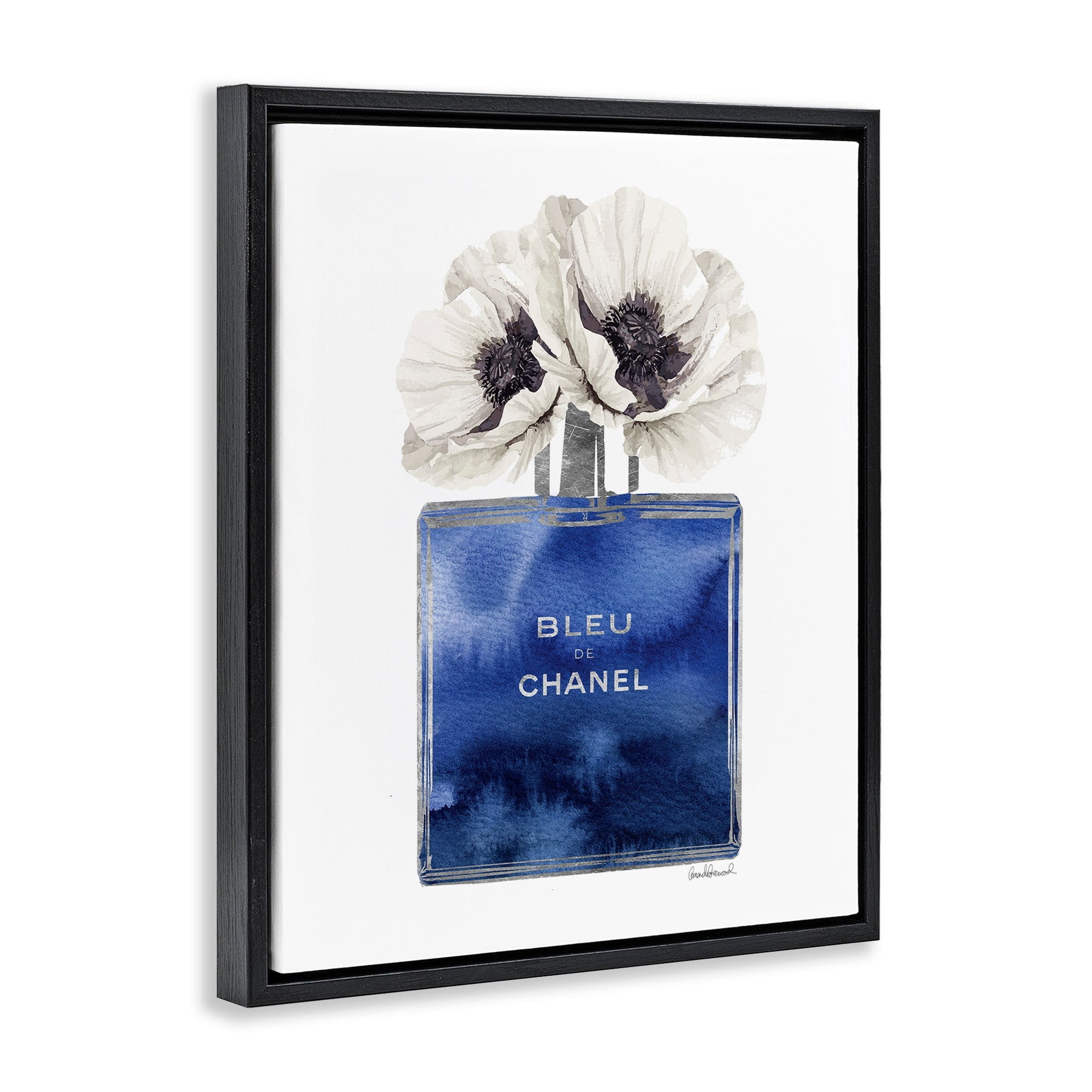 Stupell Industries Fashion Designer Perfume Flower Blue Watercolor Jet Black Framed Floating Canvas Wall Art, 24x30, by Amanda Greenwood