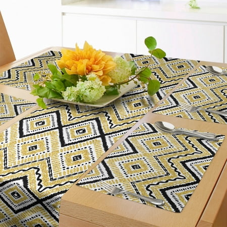 

Ethnic Table Runner & Placemats Native Motif with Rhombus Pattern Dots and Chevron Waves Print Set for Dining Table Decor Placemat 4 pcs + Runner 14 x72 Yellow Black and White by Ambesonne