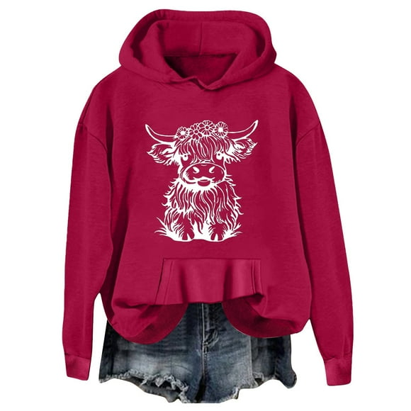 Fashion Women Long Sleeve Cute Cattle Graphic Printed Drawstring Hoodie Pullover Sweatshirt Blouse Top