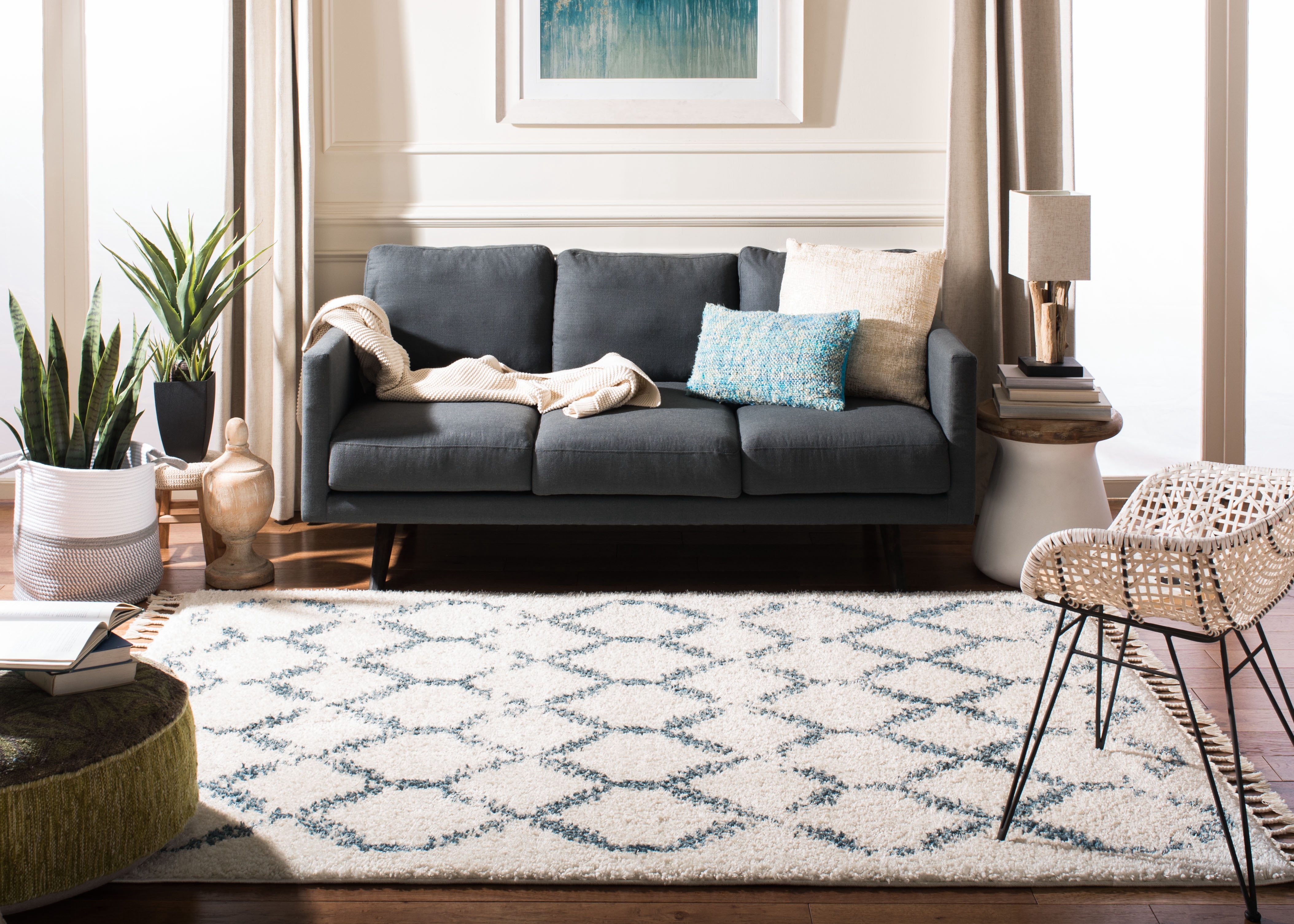 SAFAVIEH Berber Fringe Amable Geometric Shag Area Rug, Cream/Blue, 9' x 12'