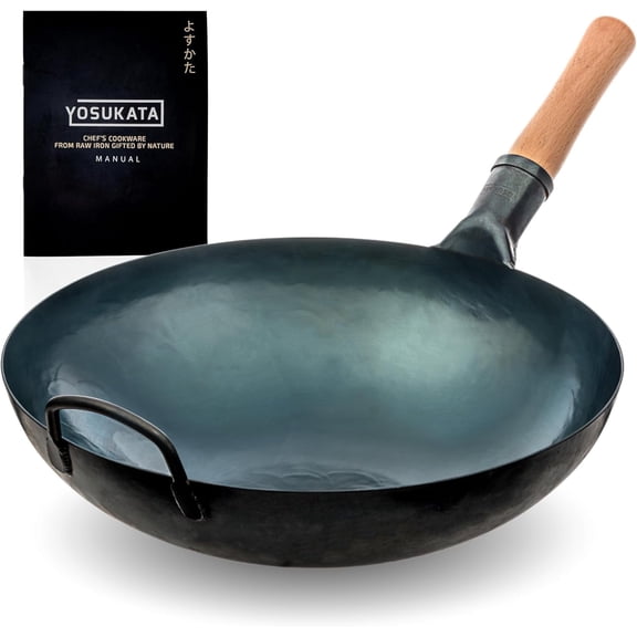 YOSUKATA 14" Carbon Steel Wok with Round Bottom – Traditional Chinese Pre-Seasoned Wok for Stir Fry, BBQ & Camping – Compatible with Gas & Open Fire