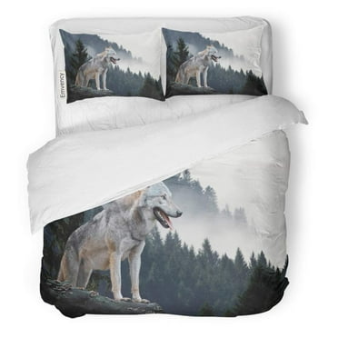 FMSHPON 3 Piece Bedding Set Gray Timber Wolf Hunting in Mountain Canada Dog Twin Size Duvet Cover with 2 Pillowcase for Home Bedding Room Decoration