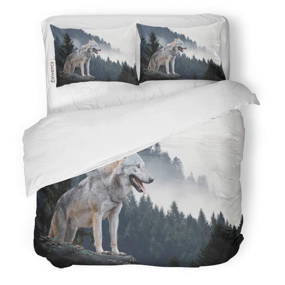 FMSHPON 3 Piece Bedding Set Gray Timber Wolf Hunting in Mountain Canada Dog Twin Size Duvet Cover with 2 Pillowcase for Home Bedding Room Decoration