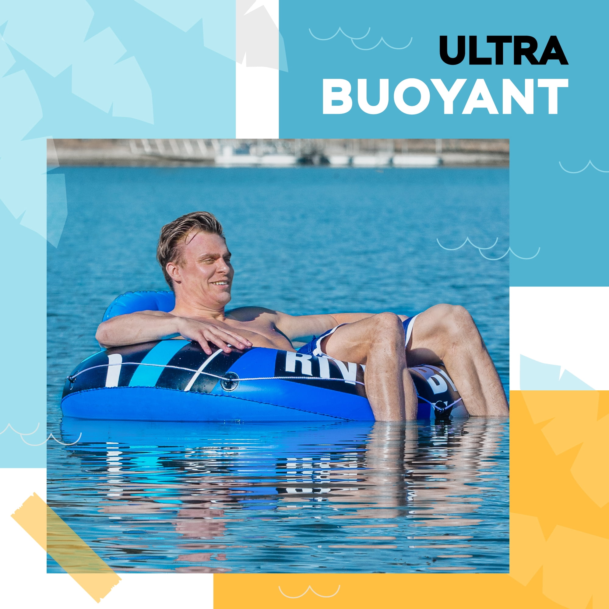 Sunlite Sports Inflatable River Tube Float, 53-Inch Water Float with Cup Holder, Grab Rope and 2 Handles, Cool Blue
