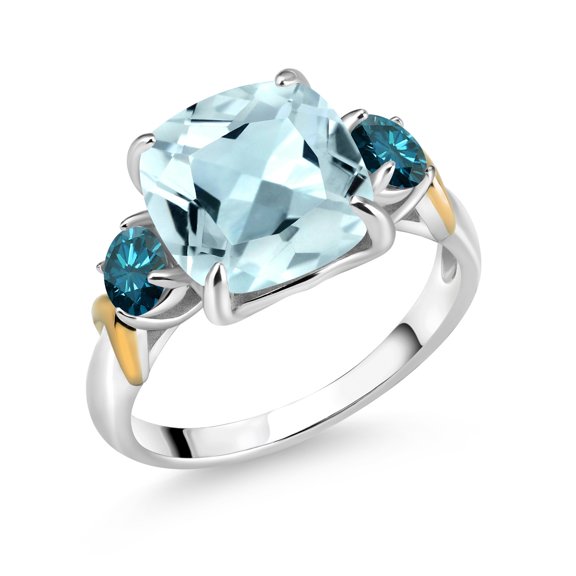 Gem Stone King 925 Silver and 10K Yellow Gold Sky Blue Simulated Aquamarine and Blue Diamond 3 Stone Ring for Women (4.34 Cttw, Gemstone Birthstone, Cushion 10MM, Round 4MM, Size 9)