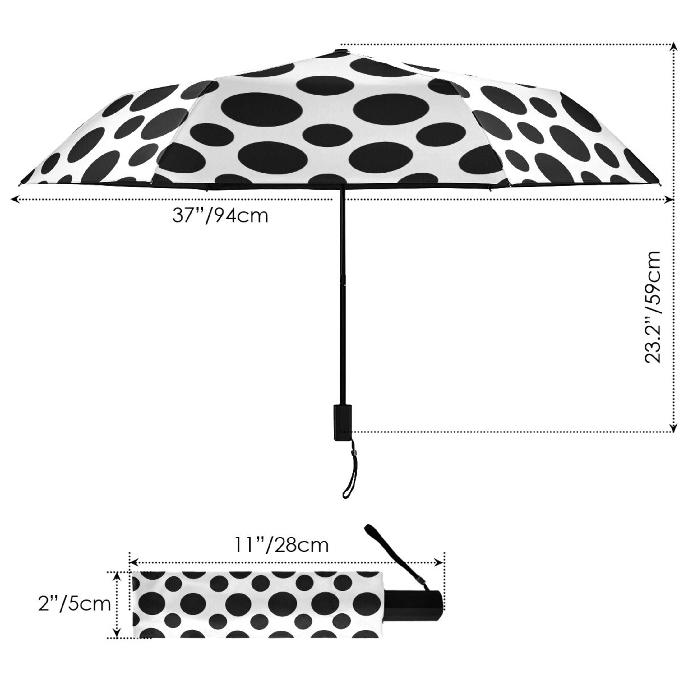 Black Polka Dots on White Compact Folding Umbrella for Rain Windproof Travel Umbrella UPF 50+ Lightweight Packable Arc Size
