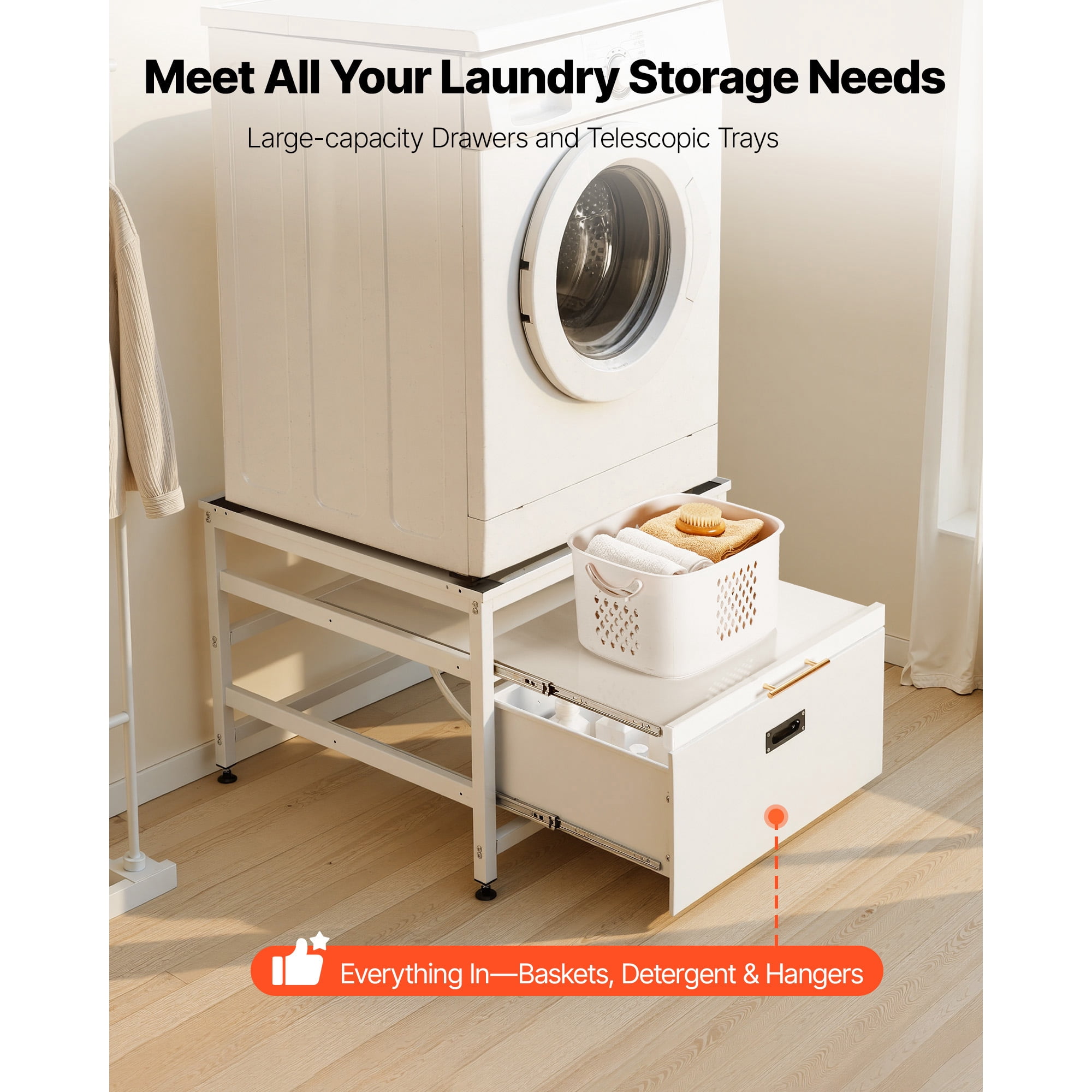 KFFKFF Laundry Pedestal, 23-inch Height, 29 x 29-inch Stand for Washer and Dryer with Pull-out Tray and Storage, 700 lbs Capacity, Non-Slip Feet, Universal Fit, White