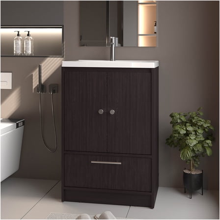 JERFIT 36" Modern Bathroom Vanity with Sink, Wenge Finish 2-Door Storage Cabinet with Drawer for Powder Room