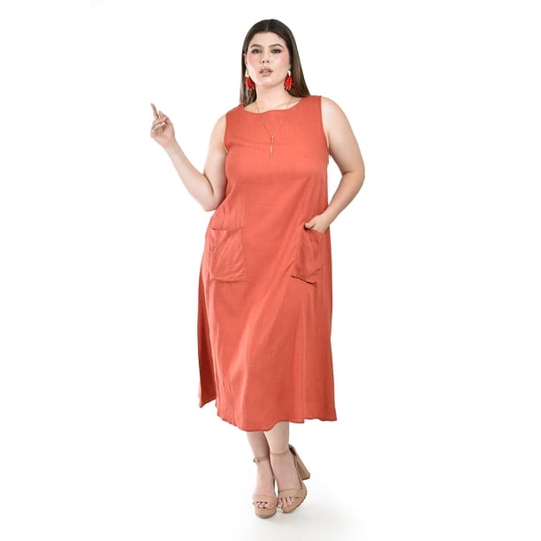 Vestido de lino con bolsillos Roman Fashion /Tallas Extras, 3830 (Chedron) naranja oscuro 38