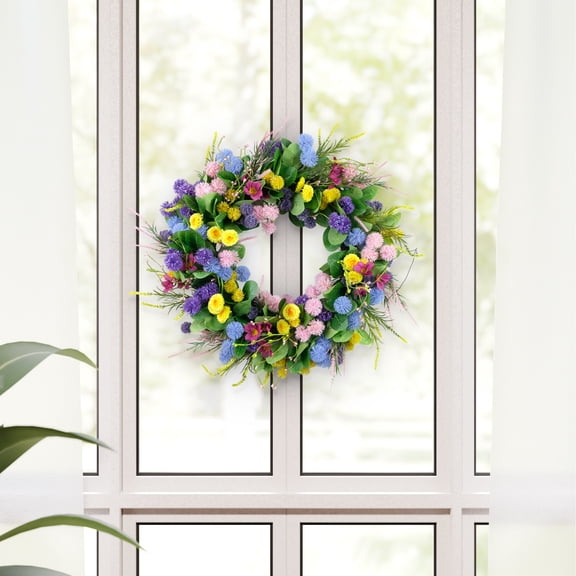 CC Christmas Decor Echinops and Chrysanthemums Floral Artificial Spring Wreath - 24" - Yellow
