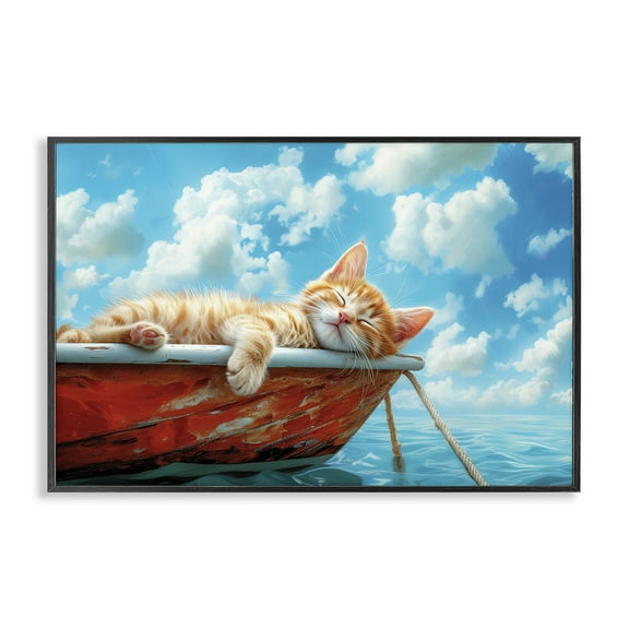 Stupell Industries Sleeping Cat on Boat Animals Painting Black Framed Art Print Wall Art, 18 x 12