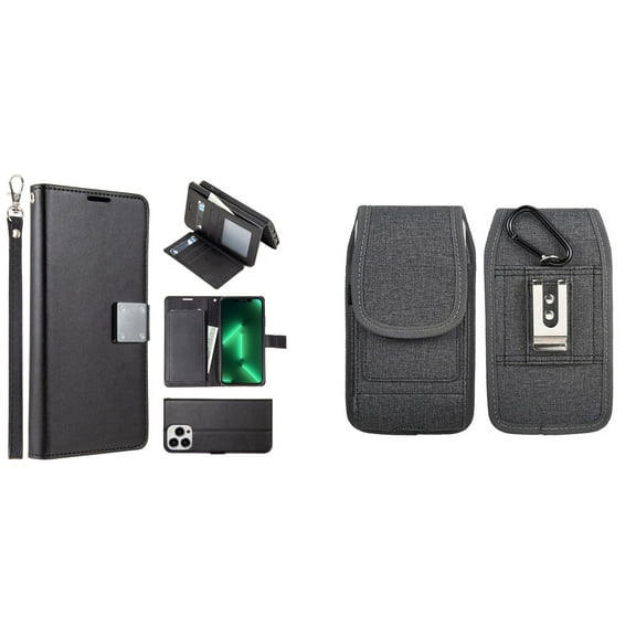 Bemz Pocket Clutch Wallet Case and Belt Holster Pouch for iPhone 14 Pro (Black/Gray)