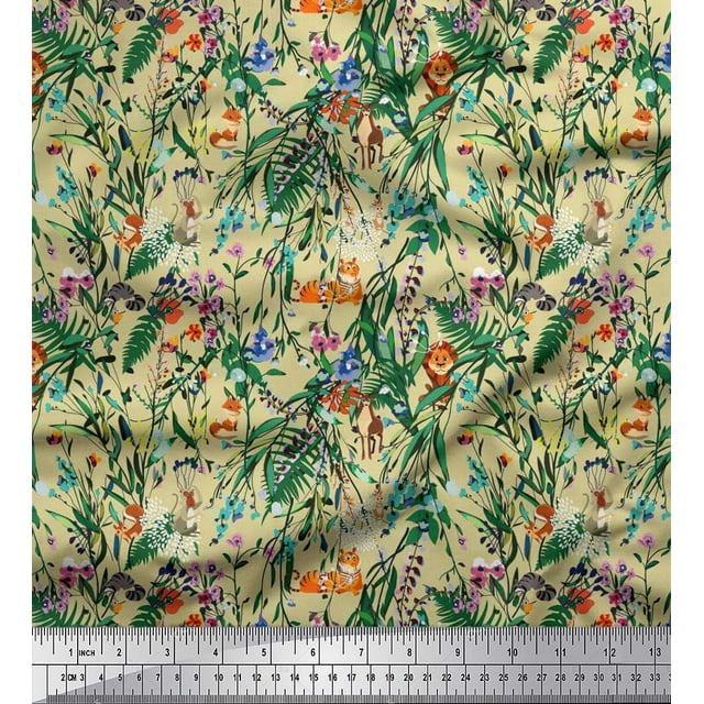 Soimoi Silk Fabric Leaves & Cartoon Animals Jungle Print Sewing Fabric Yard 42 Inch Wide