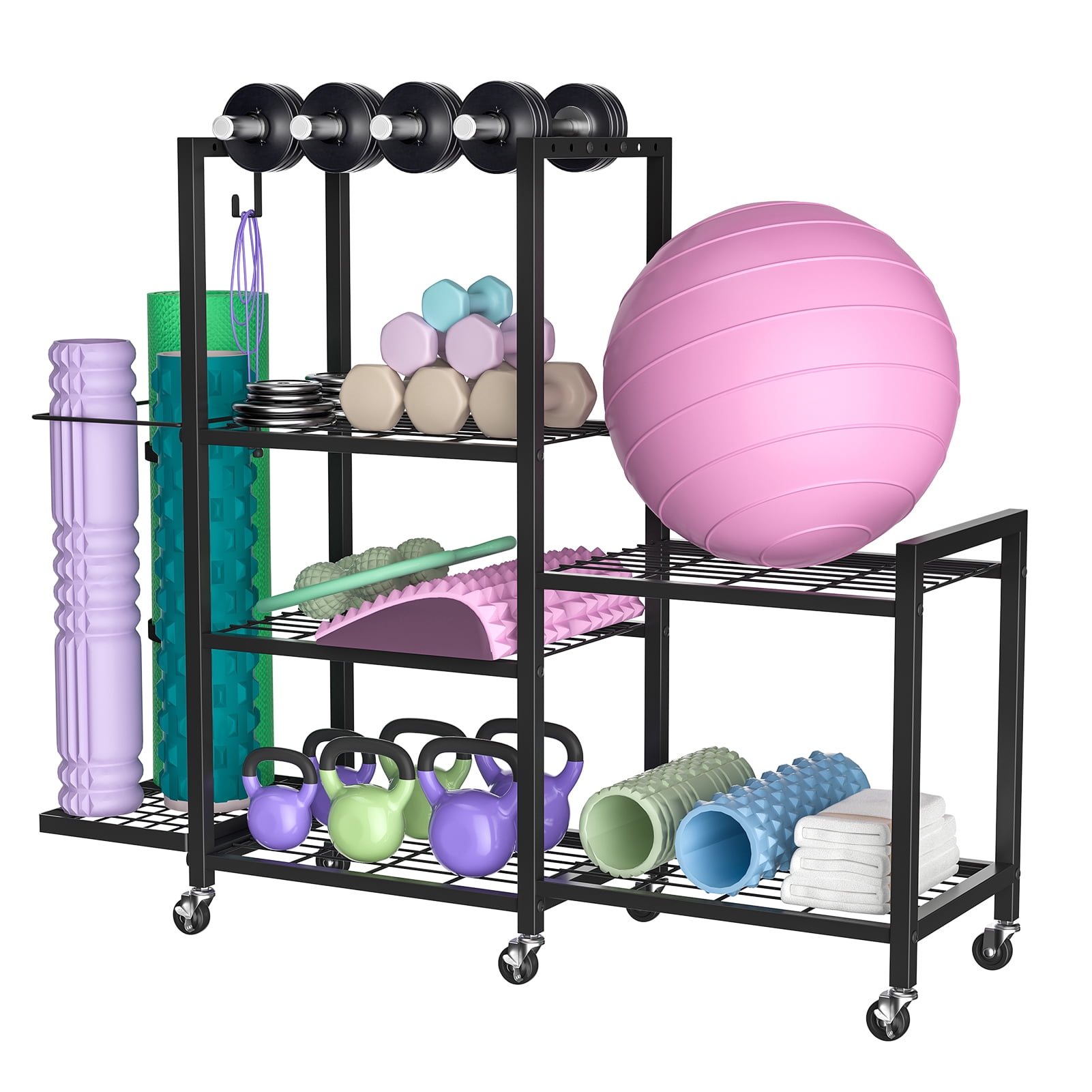 Home Gym Storage Rack with Wheels, Adjustable Dumbbell Storage Yoga Mat Organizer, Multi-Purpose Fitness Equipment Stand
