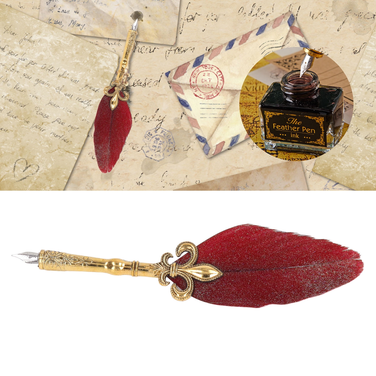 Rupoun Quill Pen and Ink Set Vintage Elegant Glossy Writing Feather Pen Wax Seal Stamp Set Wine Red (11.42 inches / 29 cm)