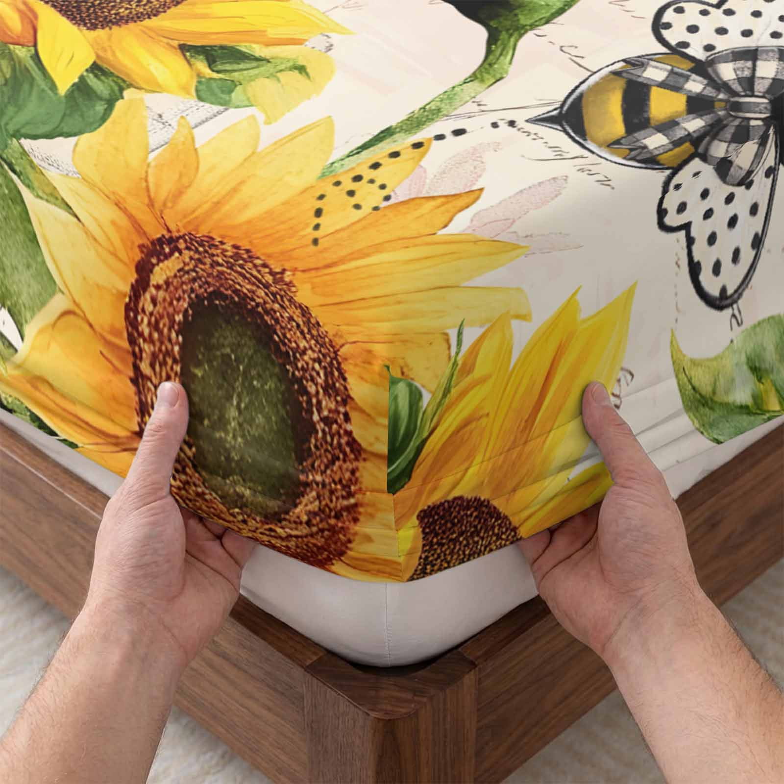 Twin Sze Fitted Sheet Set - Sunflower Farmhouse 2 Piece Bedding Sets 16" Deep Pocket Fitted Sheet with 1 Pillowcase, Spring Summer Vintage Floral Bee Brushed Microfiber Hotel Luxury Bed Sheets
