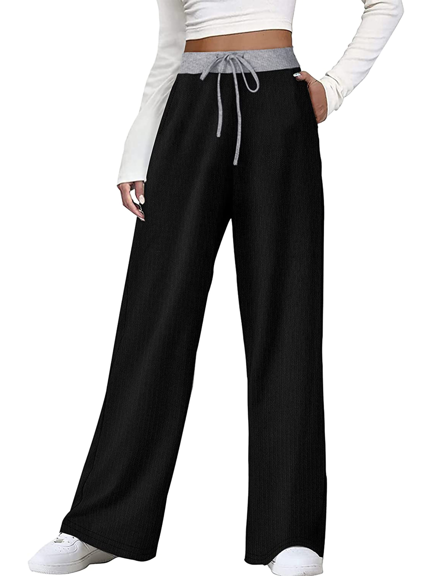 Women Casual Wide Leg Trousers Sweatpants with Pockets Solid Color