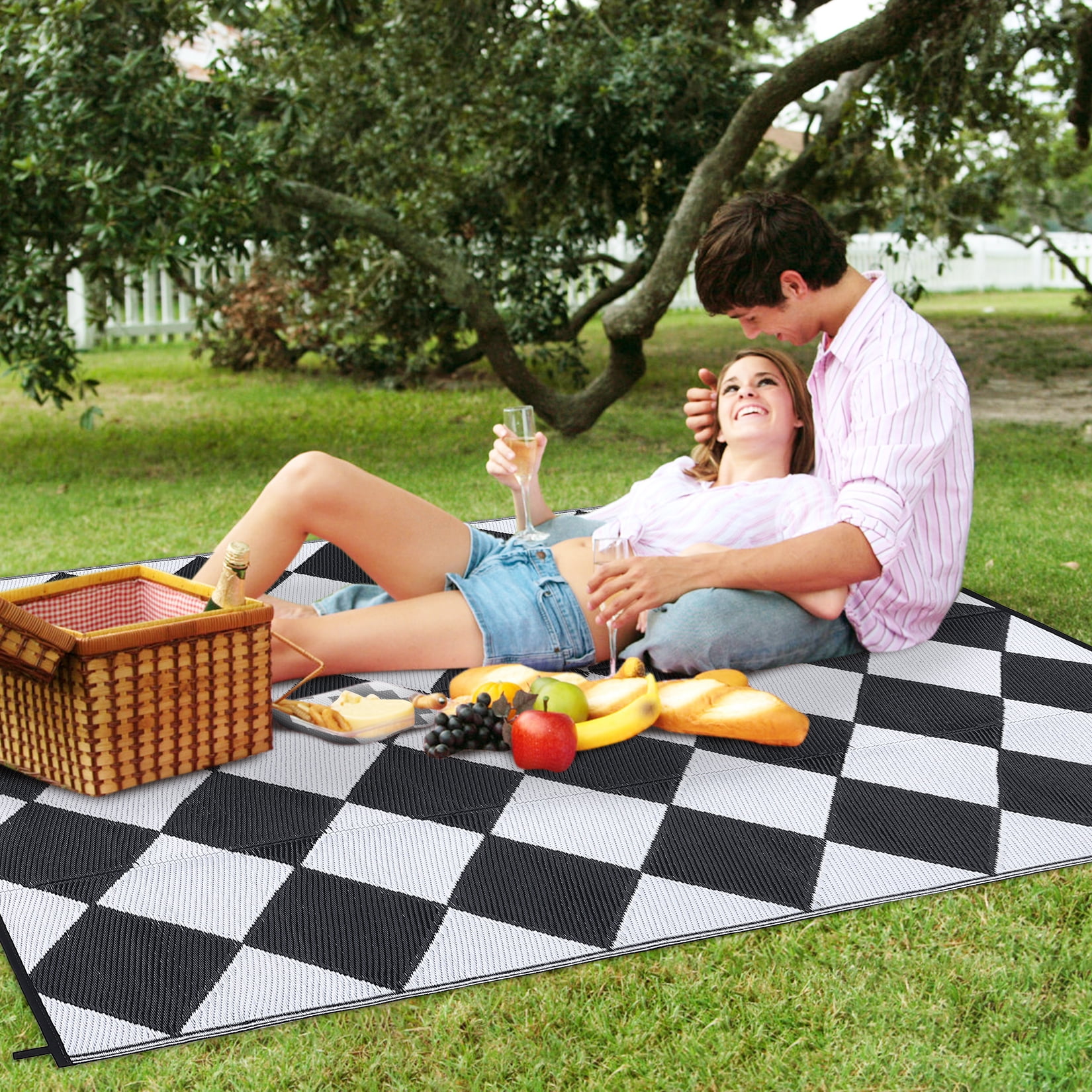 Haperlare 10'x14' Waterproof Outdoor Rug Plastic Geometric Diamond Outdoor Carpet for Balcony Deck Picnic, Reversible UV Resistant Patio Rugs Carpet with 4 Stakes & Portable Bag, Black and White