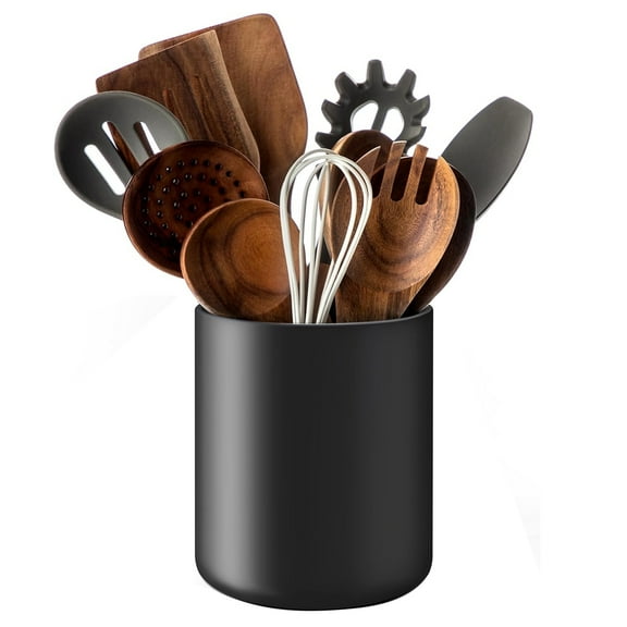 Kitchen Utensil Holder for Countertop, Large 6.3 Matte Ceramic Cooking Utensil Crock for Counter Easy to Clean, Modern Spatula Holder for Farmhouse Décor 6.3×4.7 INCH (Black )