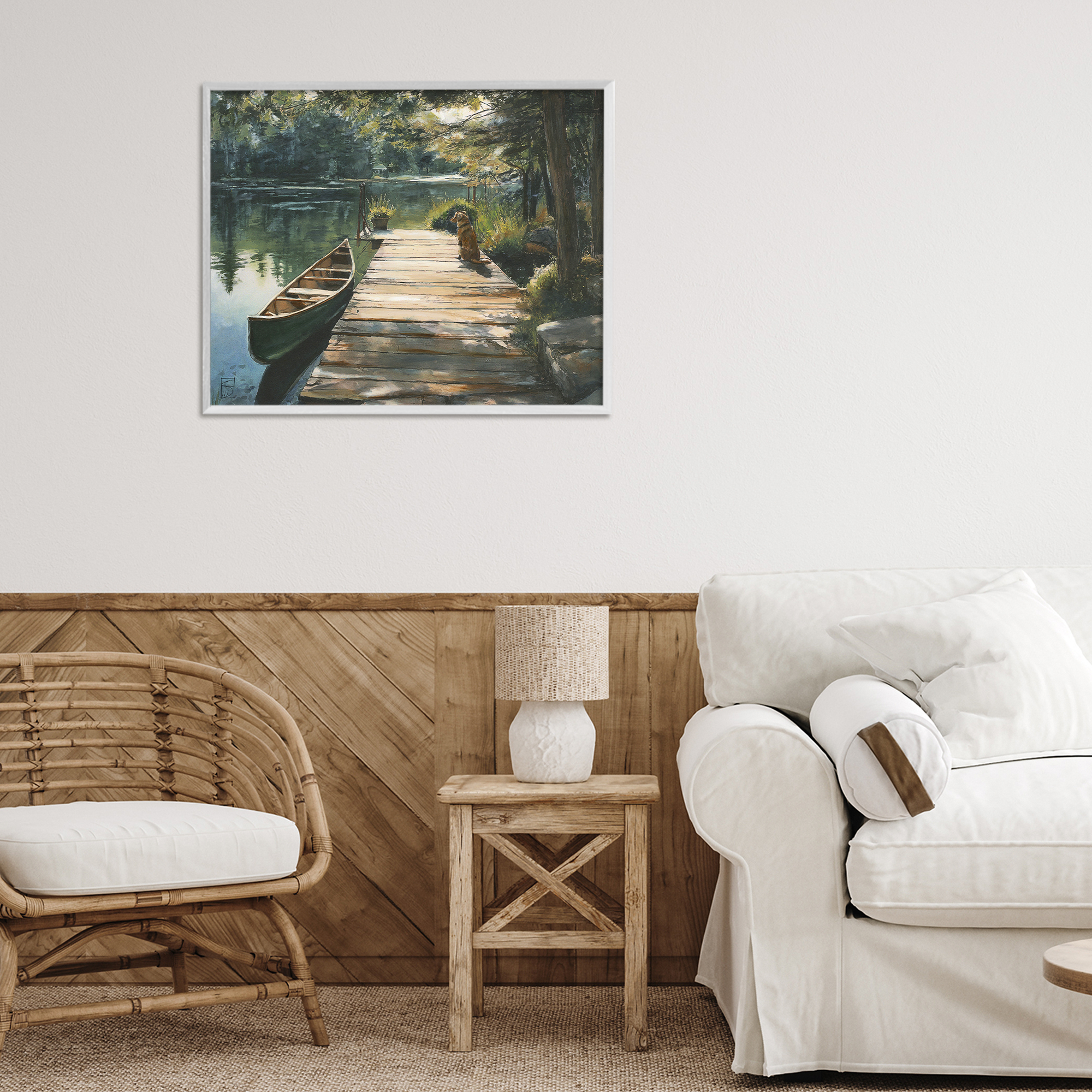 Lake Life Dog on Dock White Framed Giclee Art, design by Sara Culpepper