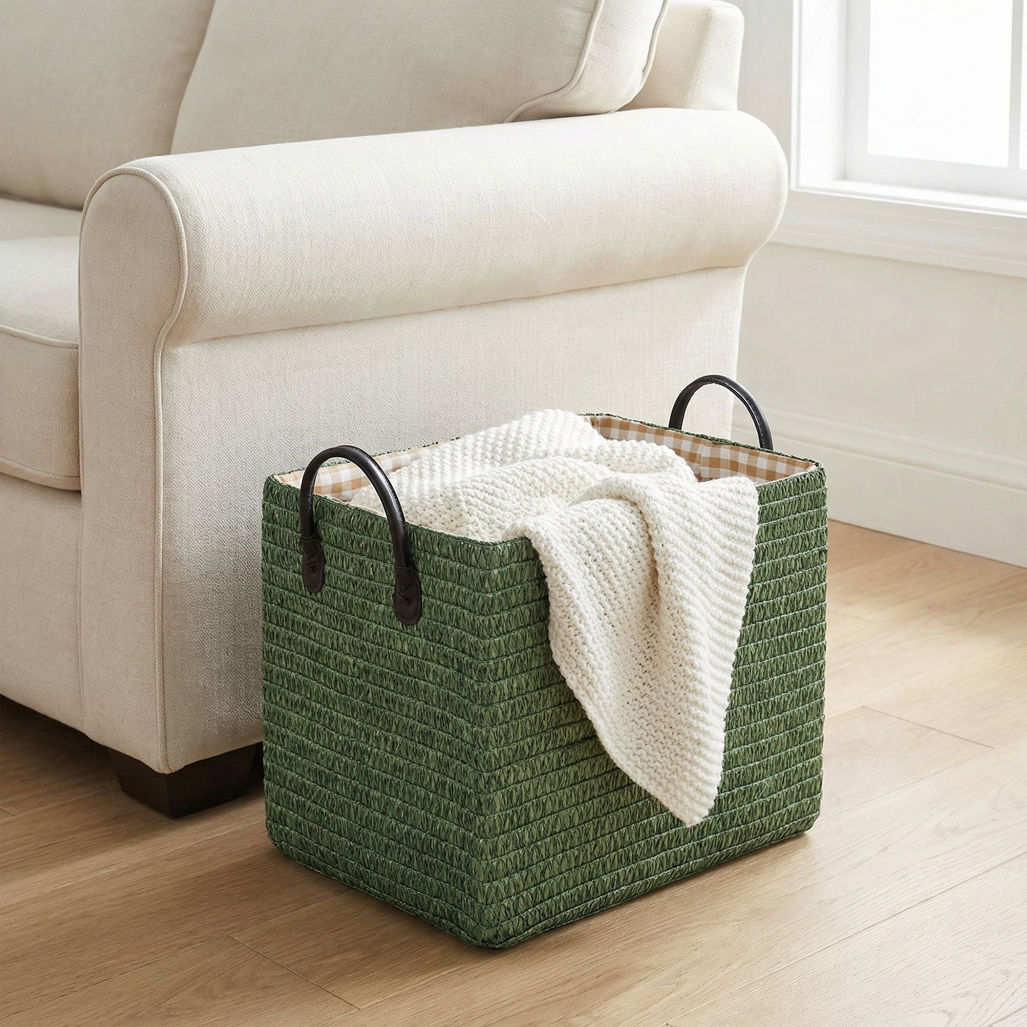 Unique Bargains Compactable Woven Storage Basket Storage Bin Green 13.8*10.2*11.8in