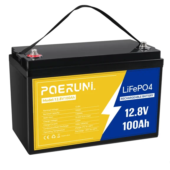 POERUNI 12V 100Ah LiFePO4 Battery Deep Cycle Lithium Iron for RV Solar System Camper