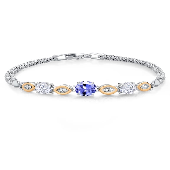 925 Silver and 10K Yellow Gold Blue Tanzanite and White Moissanite and White Lab Grown Diamond Bracelet for Women (1.81 Cttw, Gemstone December Birthstone, Oval, Wheat Chain, 7.5 inches)