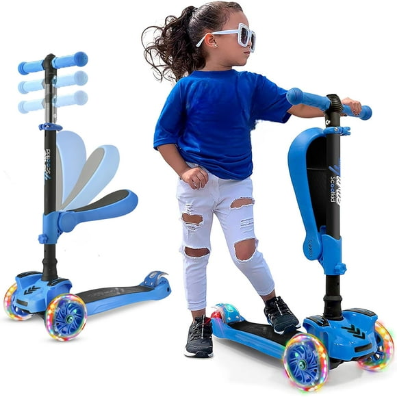 Hurtle Scooter de 3 Ruedas para Niños y Niñas 1 Año en Adelante, Patin del Diablo, Luces LED en las Ruedas, Manillar Ajustable y Asiento Plegable, Modo Sentado o de Pie con Freno, Azul