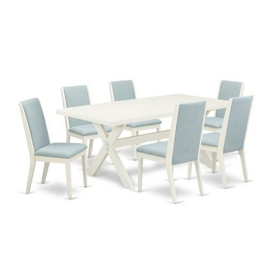 East West Furniture X-Style 7-piece Wood Dining Set in Linen White/Blue