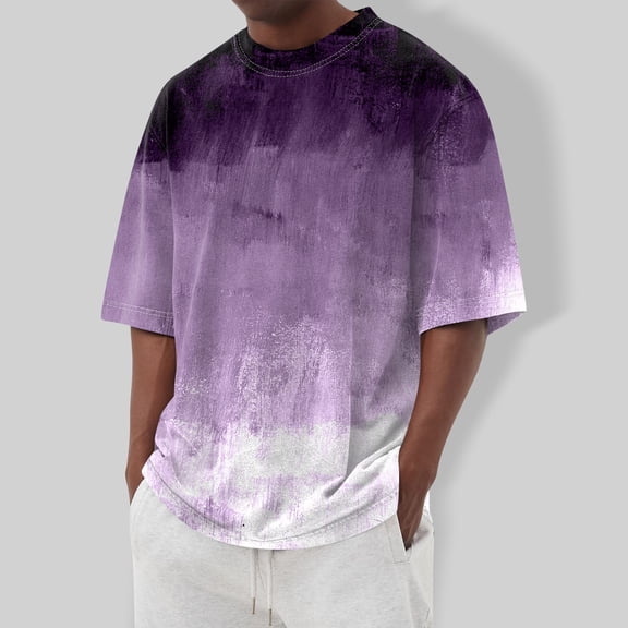Mens Gradient Tie Dye Short Sleeve T Shirt Summer Loose Fit Casual Beach Crew Neck Tees Purple XL