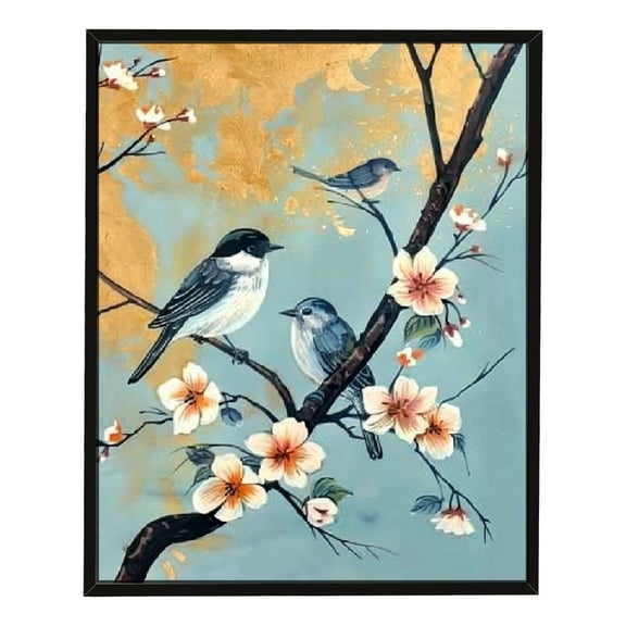 JRXY Birds Branch Flowers Black Border Decorative Artwork 12x16in / 16x20in Ready to Hang Canvas Print for Living Room Bedroom Home Office Wall Decor 12x16in