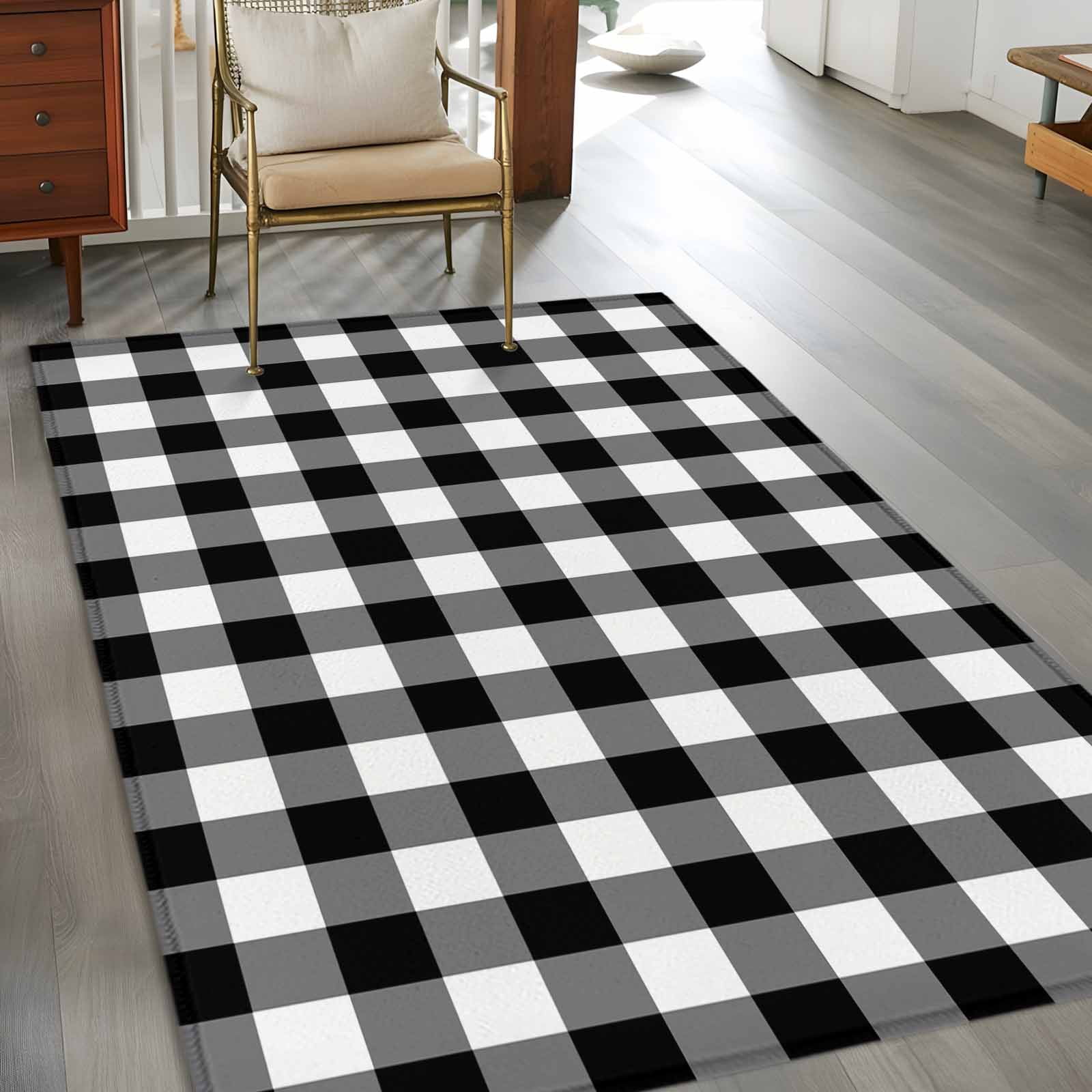 Area Rug 3'x5', Black White Plaid Non-slip Runner Rug Carpet for Bedside, Gradient Geometric Buffalo Checkered Washable Outdoor Indoor Area Rugs Mat for Entryway/Living Room/Bedroom/Kitchen/Office
