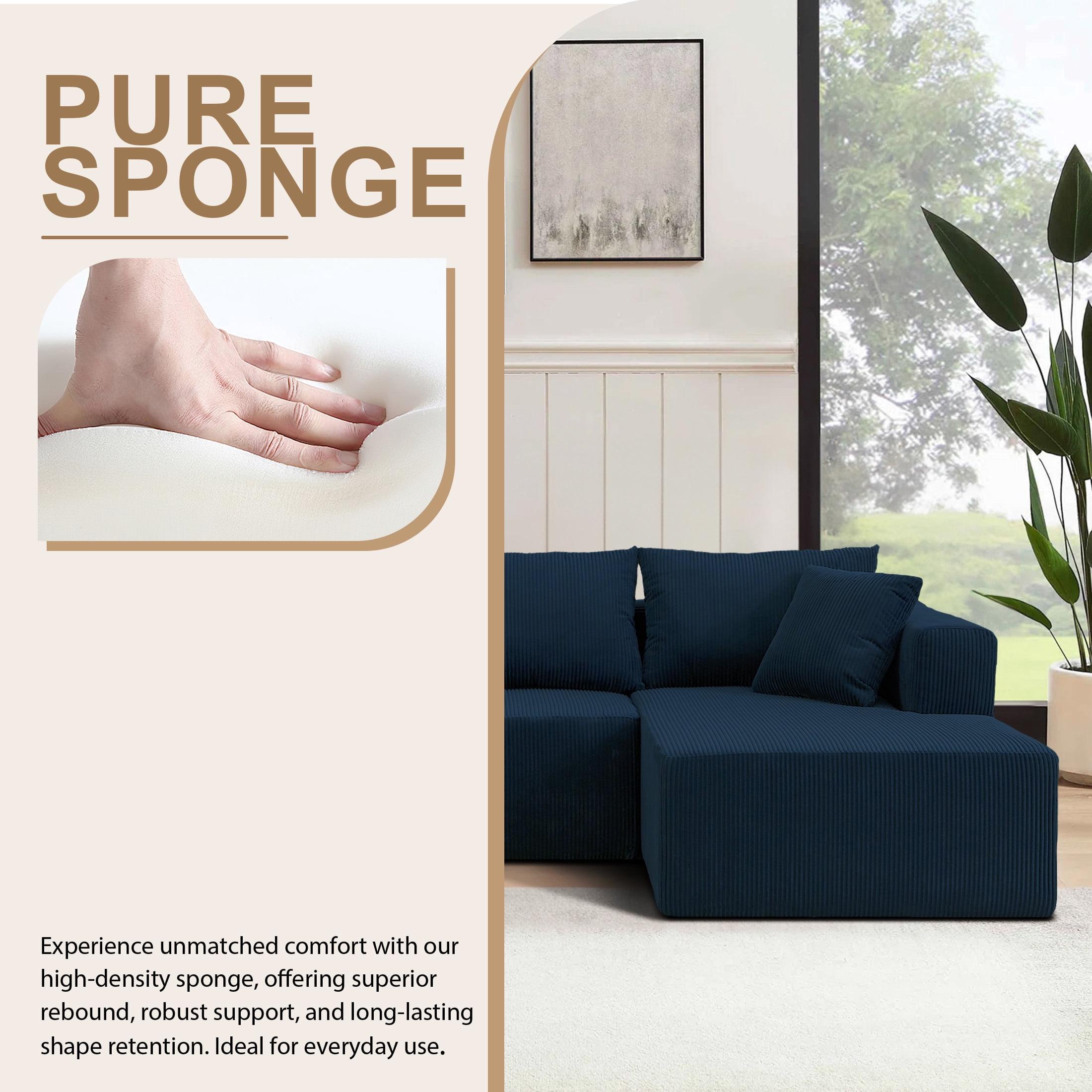 AENKYO 104'' Modular L-Shape Sectional Sofa with Chaise, Comfy Deep-Seat Cloud-Couch, Corduroy - Blue