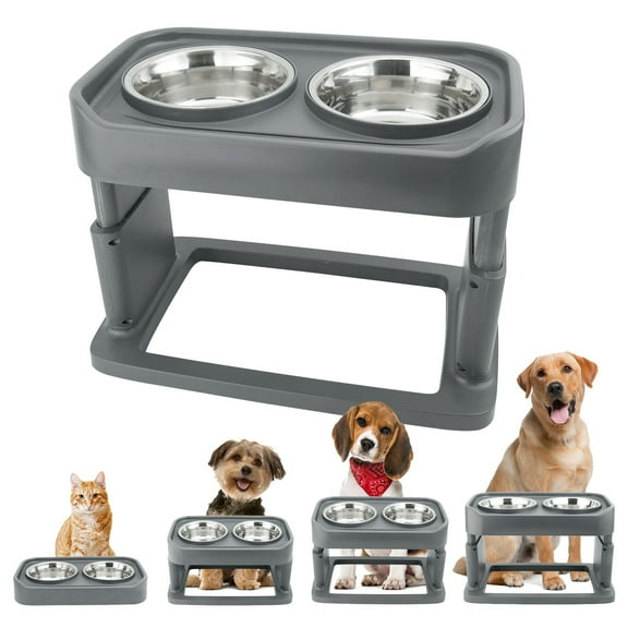Elevated Dog Bowls, Keylever 4 Height Adjustable Raised Dog Bowl Stand with 2 Stainless Steel Dog Bowls for Small Medium Large Dogs Cats, Gray