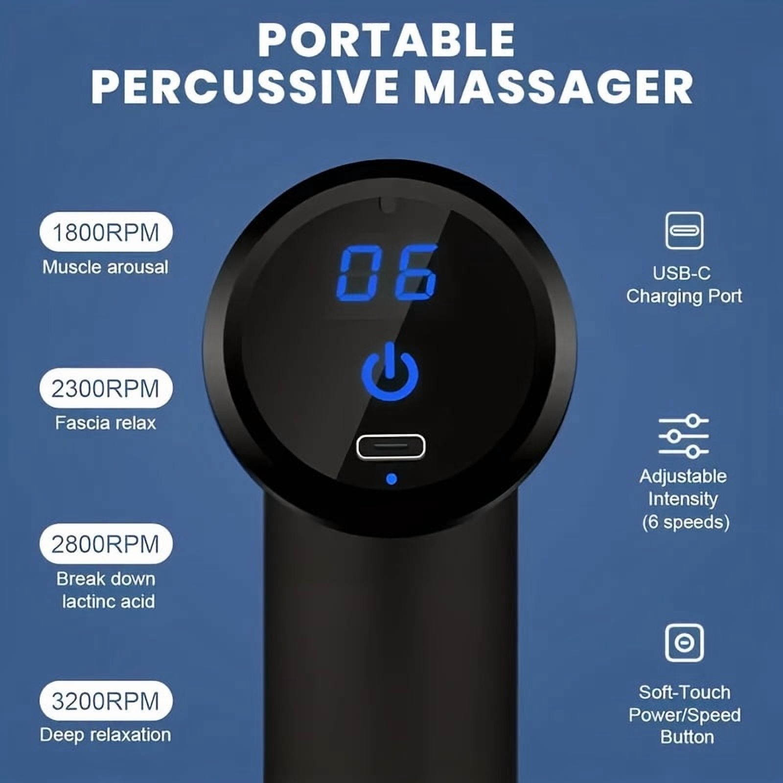 Massage Gun with 6 Interchangeable Heads for Body, Deep Tissue Muscle Massager in Black