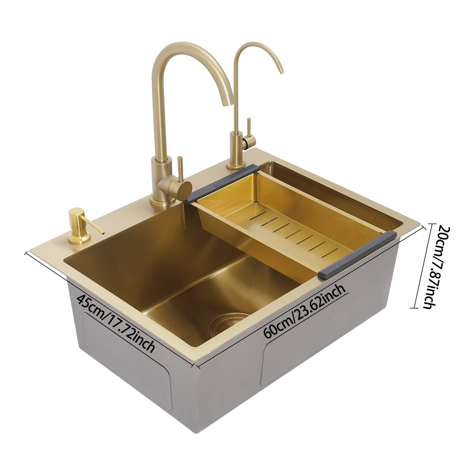 Gold Sink Set, 60x45cm Utility Sink with Faucet Soap Dispenser Drain Basket, Stainless Steel Laundry Tub, Large Capacity Kitchen Sink