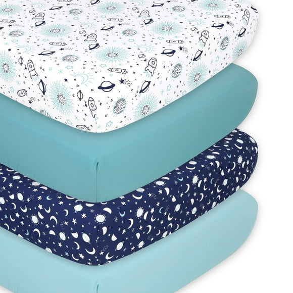 The Peanutshell Fitted Crib Sheet Set, Space, 4 Pack