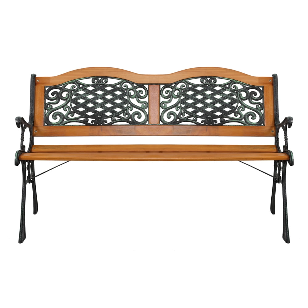 49" Garden Bench, Outdoor Patio Park Chair, Hardwood Slats Cast Iron Frame Seat, A