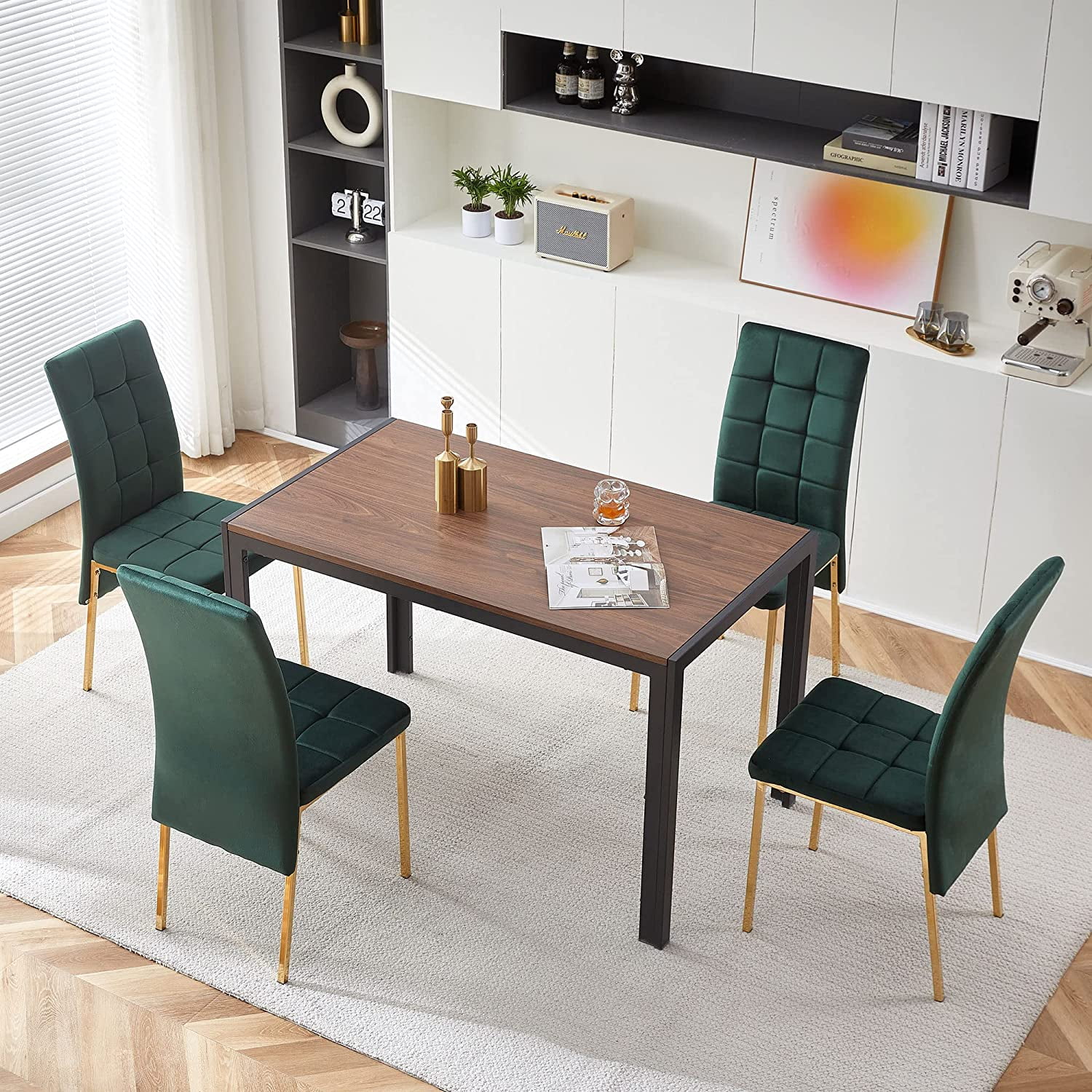 NORDICANA 5 Piece Dining Table Set for 4,Home Kitchen Dining Room Set,Engineered Wood Home Desk with Thick Tabletop& 4 PCS Soft Velvet Dining Chair Ergonomic Design for Dining Hall,Restaurant