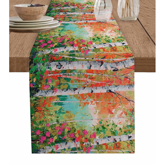 Hokiten Table Runners 48 Inches Long Dress Scarves, Oil Painting Farmhouse Kitchen/Dining Table Runner, Short Coffee Tablerunners, Modern Abstract Art Summer Tree Leaves Green Pink 13x48 Inch