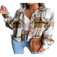 thumbnail image 4 of Women Spring Plaid Crop Shacket Lapel Button Down Long Lantern Sleeve Short Shirt Jacket Coat, 4 of 6