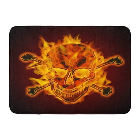 Flaming Skull Head GODPOK Abstract Head Fire Burning Flaming Metal Skull with Crossbones on Dark Spooky Anatomy Rug Doormat Bath Mat 23.6x15.7 inch ()