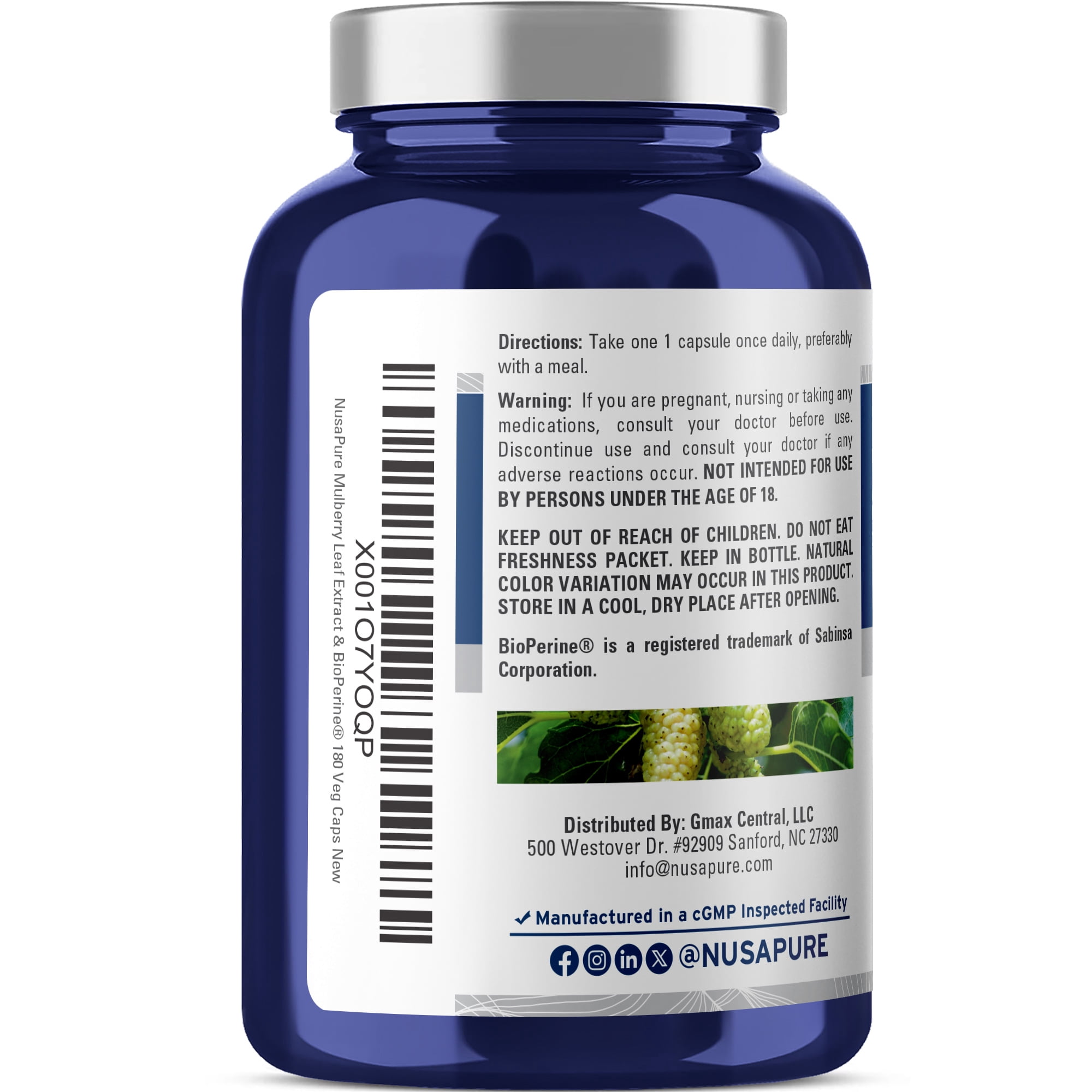 NusaPure White Mulberry Leaf Capsules, 500 mg, 180 Veg Capsules (Non-GMO, Vegan)